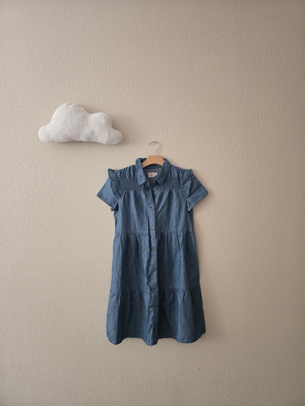 Wonder Nation Girls Chambray Denim Dress XL 14-16 Ruffle Smocked Button Front